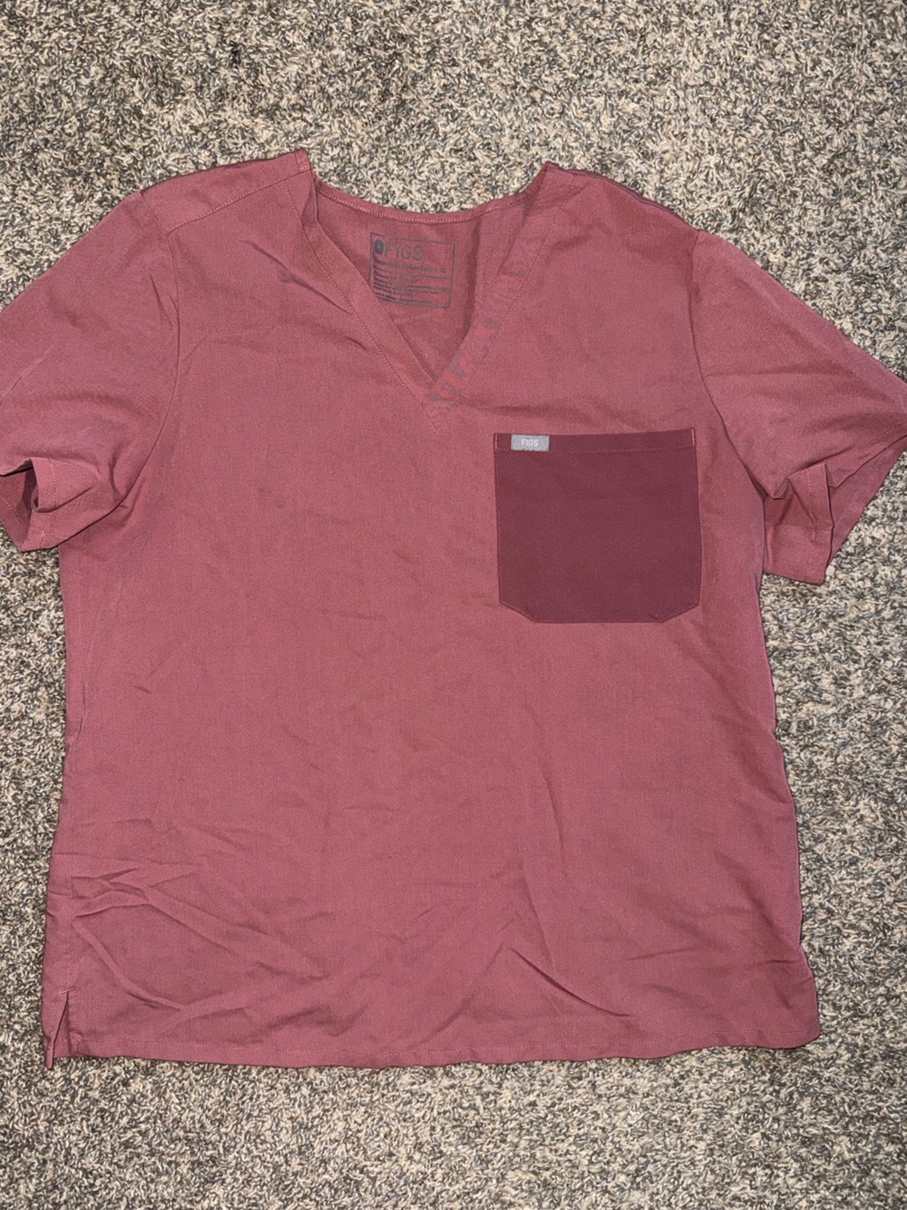 FIGS Short Sleeve V Neck Scrub Top in Dusty Rose with Dark Rose Pocket